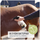Eine Person sprüht ein braunes Pferd mit "Bremsen Stop" Kontakt-Spray ein, das ein Pferde-Icon und deutschen Text zeigt.