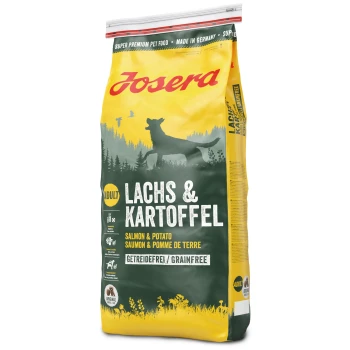 Gelbe Tasche mit Josera Hundefutter, die Lachs und Kartoffeln enthält, beschriftet mit "GETREIDEFREI / GRAINFREE", mit einer Silhouette eines Hundes und einem Naturhintergrund.