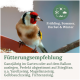 Stieglitz auf einem Stein-Futterspender mit Sonnenblumenkernen, deutscher Text über alle Jahreszeiten.