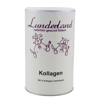 Weißer zylindrischer Behälter mit der Aufschrift 'Lunderland Kollagen' mit Illustrationen eines Hundes und einer Katze, die Utensilien halten, mit dem Hinweis '100% Kollagen Hydrolysat.'