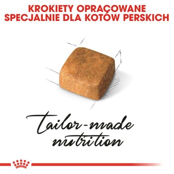 Karma zaprojektowana specjalnie dla kotów perskich, z pojedynczym brązowym kawałkiem i napisem "żywienie szyte na miarę" w eleganckim stylu.