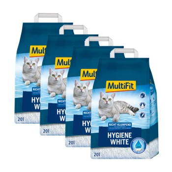 Four bags of MultiFit Hygiene White cat litter, featuring a gray cat on the front, labeled "Nicht Klumpend" and "20l."