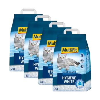 Vier Säcke MultiFit Hygiene White Katzenstreu, mit einer grauen Katze auf der Vorderseite, beschriftet mit 'Nicht Klumpend' und '20l.'