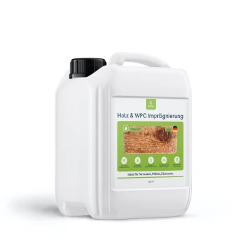 Weißer Kunststoffbehälter mit der Aufschrift "Holz & WPC Imprägnierung" und einem Holztexturbild, ideal für Terrassen, Möbel und Zäune.