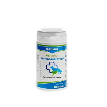 Canina PETVITAL ARTHRO-TABLETTEN Ergänzungsflasche für Hunde und Katzen, die die Gesundheit von Knochen und Gelenken fördert, mit einem blauen und grünen Etikett.