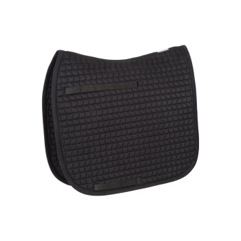 Schwarzes, gestepptes Sattelpad mit zwei Riemen zur Befestigung, entworfen für den Reitsport.