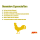 Gelbes Tieretikett mit deutscher Überschrift „Besondere Eigenschaften“, Aufzählung, Hahn-Silhouette und rotem JOSI DOG Logo