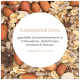 Gemischte Nüsse und Samen, darunter geschälte Sonnenblumenkerne, Erdnüsse, Hafer, Hanfsamen und Rosinen mit deutschem Text.