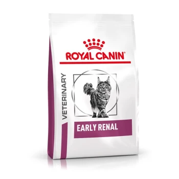 Royal Canin Early Renal kattenvoedingszak met een illustratie van een grijze tabby kat, gelabeld 'VETERINARY' en 'EARLY RENAL.'
