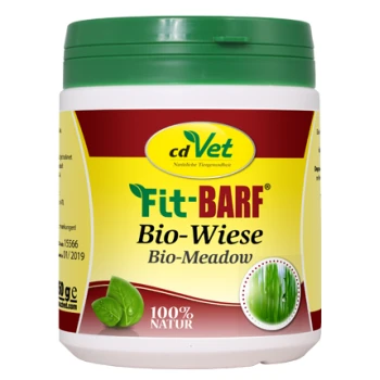 Behälter von cdVet Fit-BARF Bio-Wiese für Haustiere, gekennzeichnet als 100% natürlich, mit grünem Deckel und buntem Design.