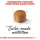 Croquettes conçues pour votre Maine Coon, présentant un morceau de croquette unique avec des mesures, étiqueté 'nutrition sur mesure.'
