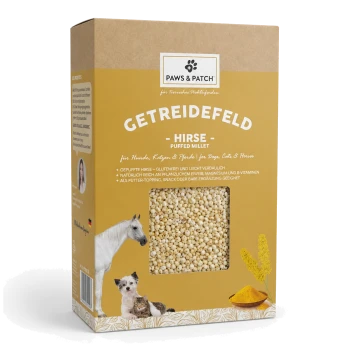Paws & Patch 'GETREIDEFELD HIRSE' Schachtel mit gepuffter Hirse und Sichtfenster, das Hirse zeigt; Abbildungen von Pferd, Hund und Katze.