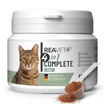 Behälter von REAVET 4 in 1 Komplett für Katzen, mit einer grauen Katze auf dem Etikett, mit dem Hinweis, dass es in Deutschland hergestellt wird und 60 g wiegt.