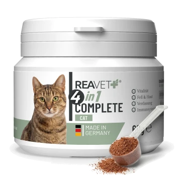 Behälter von REAVET 4 in 1 Komplett für Katzen, mit einer grauen Katze auf dem Etikett, mit dem Hinweis, dass es in Deutschland hergestellt wird und 60 g wiegt.