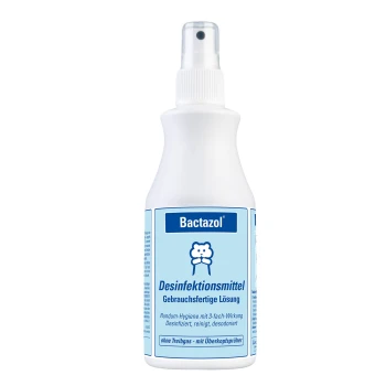Desinfektionsmittel 250 g Bactazol Desinfektionsspray mit einem blauen Etikett, Cartoon-Bären-Logo und deutschem Text "Desinfektionsmittel" und "Gebrauchsfertige Lösung."