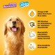 Glücklicher Golden Retriever umgeben von Symbolen, die Jumbone Riesenknocken und Rodeo Duos bewerben, mit Omega 3, Vitaminen und Mineralien.