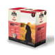 Emballage de nourriture pour chats ACANA Premium Pâté avec 8 boîtes, mettant en avant "Boeuf" et une silhouette de chat contre un coucher de soleil.