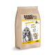 Brauner Papier-Hundefutterbeutel von DOGS'n TIGER mit Aufschrift 'FEDERCHEN – Leckeres Huhn mit Gemüse', 52% Huhn, 'JUST FOOD', Welpenbild