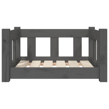 Grauer Holzhaustierbett mit slatted Basis und offenen Seiten, entworfen für kleine bis mittelgroße Haustiere.