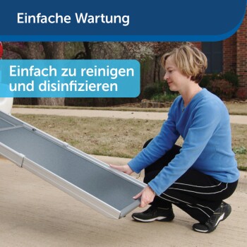 Eine Frau in einem blauen Pullover hockt mit einer Haustier-Rampe, mit dem Text darüber: "Einfache Wartung" und "Einfach zu reinigen."