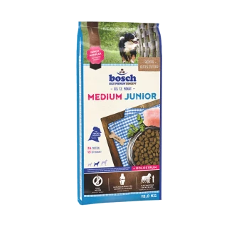 Bosch Medium Junior Hundefutterbeutel, 15,0 kg, mit Futter in einer Schüssel, mit Text, der 26 Proteine, 13 Vitamine und "Immun-Komplex" hervorhebt.