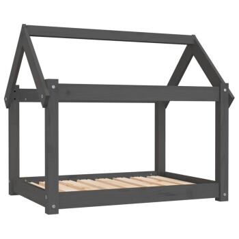 Ein dunkelgrauer Holzrahmen für ein Haustierbett mit einem hausförmigen Design und einem Lattenboden, geeignet für kleine Haustiere.