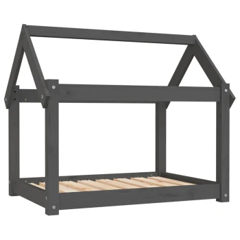 Ein dunkelgrauer Holzrahmen für ein Haustierbett mit einem hausförmigen Design und einem Lattenboden, geeignet für kleine Haustiere.
