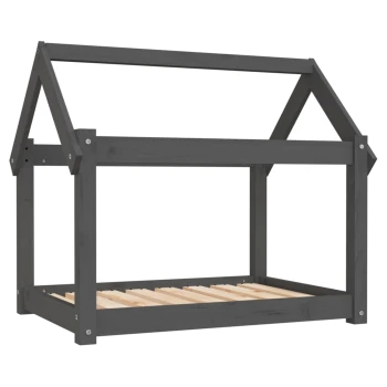 Ein dunkelgrauer Holzrahmen für ein Haustierbett mit einem hausförmigen Design und einem Lattenboden, geeignet für kleine Haustiere.