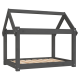 Ein dunkelgrauer Holzrahmen für ein Haustierbett mit einem hausförmigen Design und einem Lattenboden, geeignet für kleine Haustiere.
