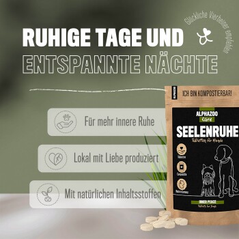 Verpackung von ALPHAZOO Care Seelenruhe, einer beruhigenden Tablette für Hunde, mit Text, der Vorteile wie 'innere Ruhe' und 'regional produziert' hervorhebt.