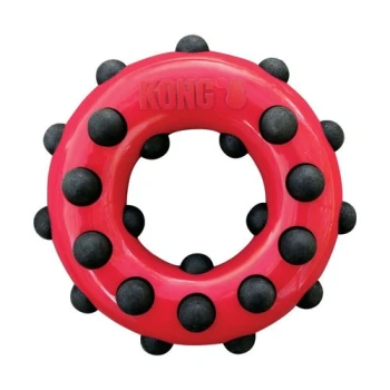 Red KONG dog toy in a circular shape with black rubber spikes around the edge, designed for chewing and play.