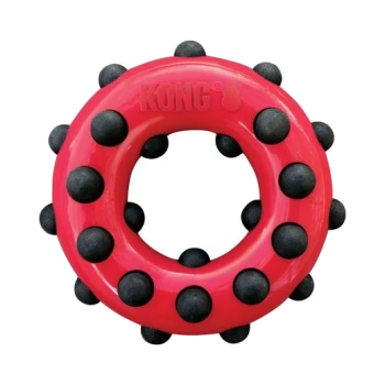 Red KONG dog toy in a circular shape with black rubber spikes around the edge, designed for chewing and play.