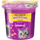 Whiskas katten traktatiecontainer, paars met een kattenafbeelding, gelabeld '+50% GRATIS Knuspertaschen mit Huhn & Käse,' 90g, onder 2 kcal per stuk.