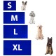 Bild eines Hundegroßentabellen mit blauen Feldern, die mit S, M, L und XL beschriftet sind, begleitet von Bildern eines Chihuahuas, Puddels, Golden Retrievers und Deutschen Schäferhunds.