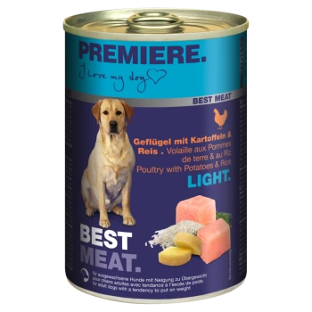 Dosenfutter für Hunde mit der Bezeichnung "Premiere", das einen gelben Labrador Retriever zeigt, mit dem Text "Geflügel mit Kartoffeln & Reis, Light."