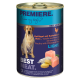Dosenfutter für Hunde mit der Bezeichnung "Premiere", das einen gelben Labrador Retriever zeigt, mit dem Text "Geflügel mit Kartoffeln & Reis, Light."