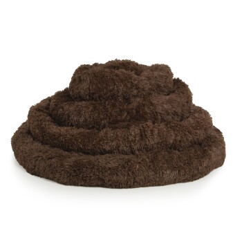Ein plüschiges, rundes, braunes Haustierbett mit einer weichen, flauschigen Textur, entworfen für Komfort und Entspannung.