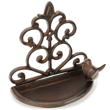 Dekorativer Vogelhaus aus Gusseisen mit einem kunstvollen Scroll-Design und einer kleinen Vogelfigur an der Seite.