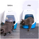 Eine graue Katze, die eine blau-weiße Katzentoilette verlässt, mit "Vorher" links und "Nachher" rechts, die den Übergang der Katze zeigt.