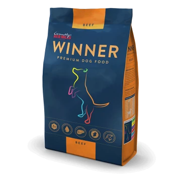 Bag of "Winner" premium dog food featuring a colorful silhouette of a dog, labeled with "Beef" and nutritional icons.