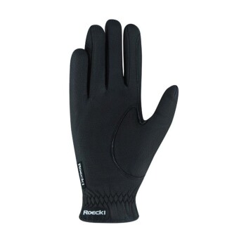 Schwarze Haustierpflegehandschuh mit strukturierter Oberfläche und engem Handgelenk, mit dem Markennamen "Roeckl" an der Seite.