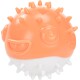 A playful orange and white spiky fish-shaped dog toy with a smiling face and large eyes, designed for pet entertainment.