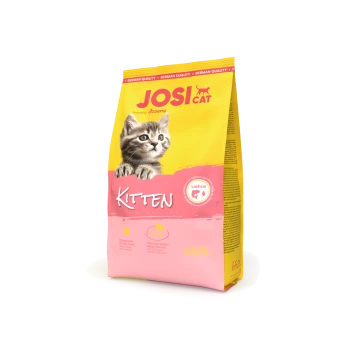 Eine Tüte JosiCat Kittenfutter mit einem verspielten Kätzchen auf der Vorderseite, mit dem Aufdruck "KITTEN" in Pink, mit Nährwertangaben und "650g" am unteren Rand.