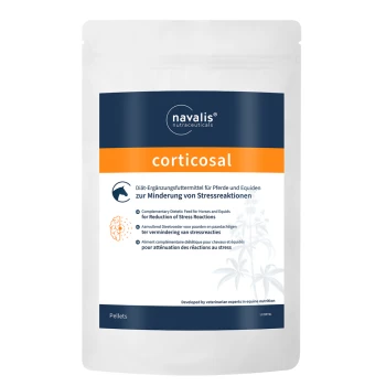 Weiße Verpackung für das diätetische Supplement "corticosal" für Pferde und Equiden, das Stressabbau fördert, mit mehrsprachigem Text.
