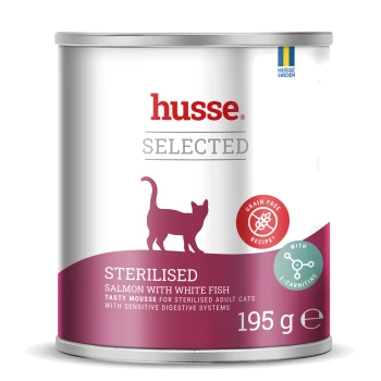 Husse Selected Katzenfutterdose für sterilisierte Katzen, Lachs mit Weißfischmousse, 195 g, getreidefreie Rezeptur mit L-Carnitin.