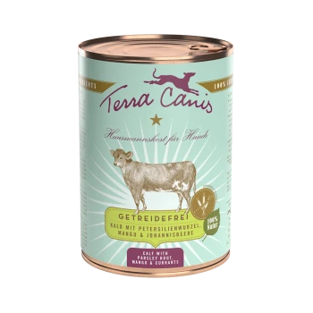 Dose mit Terra Canis Hundefutter mit einer Vintage-Illustration eines Kalbs, beschriftet mit "Getreidefrei" und "Kalb mit Petersilienwurzel, Mango & Johannisbeeren."