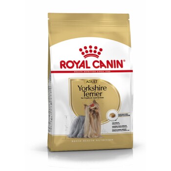 Sac de nourriture pour chien Royal Canin Adult Yorkshire Terrier, avec une image de Yorkshire Terrier, avec un texte mettant en avant la nutrition spécifique à la race.