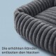 Nahaufnahme eines grauen, gerippten Plüsch-Haustierbetts mit erhöhten Rändern vor blauem Hintergrund; sichtbarer Text: „Die erhöhten Ränder entlasten den Nacken“.