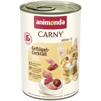 Animonda CARNY Kitten‑Dose mit Aufschrift 'Geflügel‑Cocktail / Poultry Cocktail', zeigt ein orangefarbenes Kätzchen und Fleischstücke