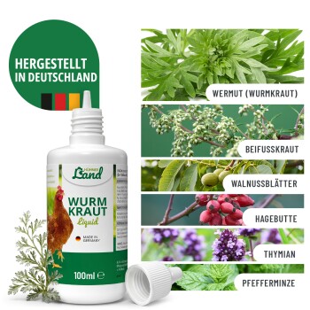 Hühner Land Hühnerpflegeprodukte einschließlich Kieselgur, Hühner Hefe, Milben Spray, Vitamine und Wermut-Formel mit einem Huhn im Gras.